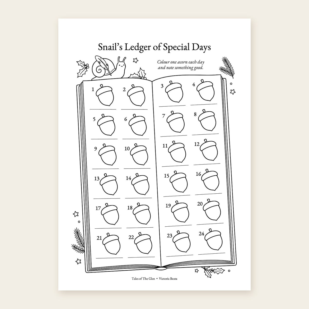 Snail’s Ledger of Special Days activity sheet with 24 numbered acorns and writing lines in an open ledger, decorated with holly and stars.