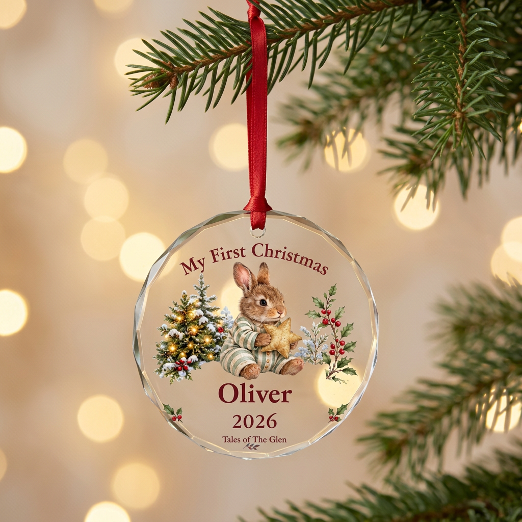Little Rabbit’s personalised glass Christmas decoration on a tree with a soft golden background