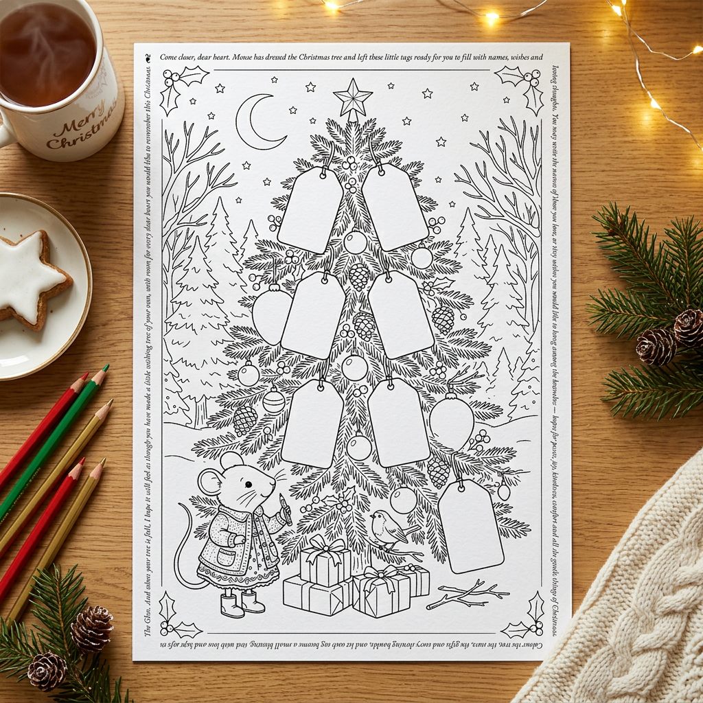 Mouse’s Christmas Wishing Tree sheet in a cosy festive tabletop setting