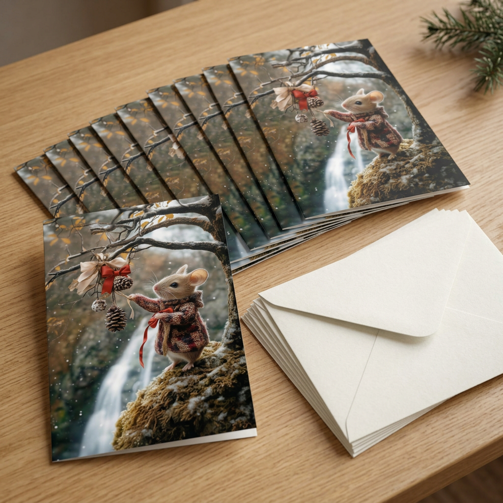 Old Oak’s Winter greeting card pack with envelopes on an oak table