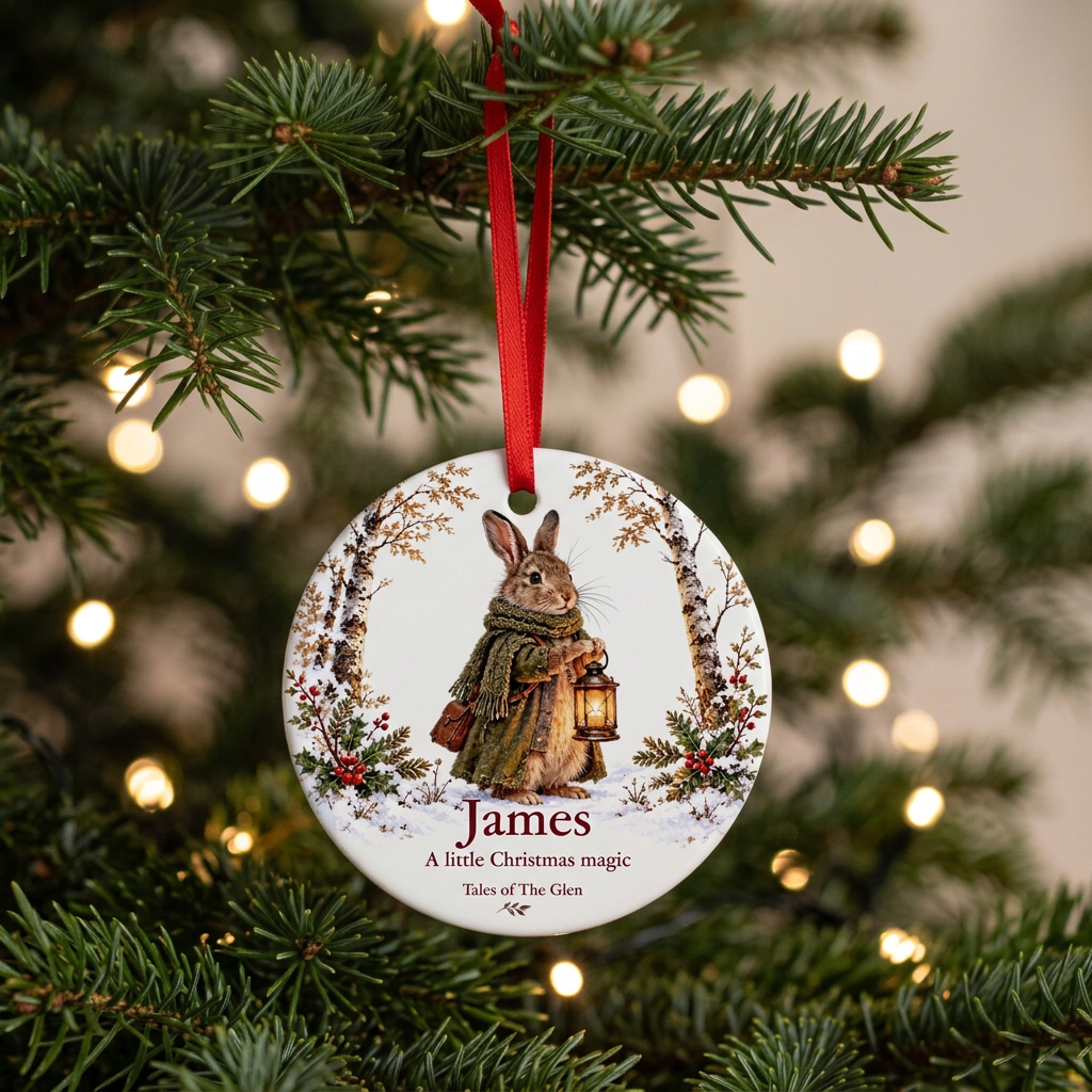 Rabbit’s personalised ceramic decoration hanging on a Christmas tree with warm fairy lights