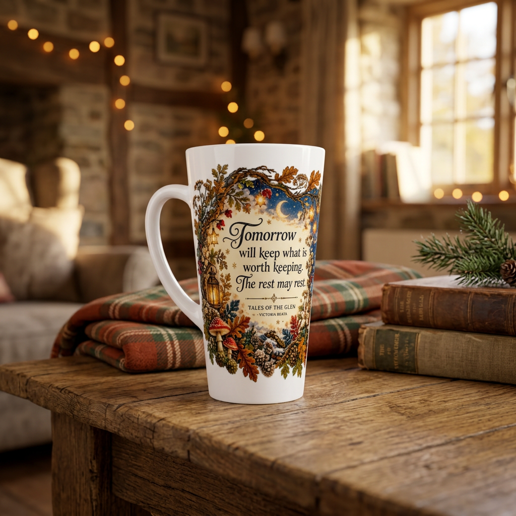 Tomorrow Will Keep mug in a cosy cottage reading nook