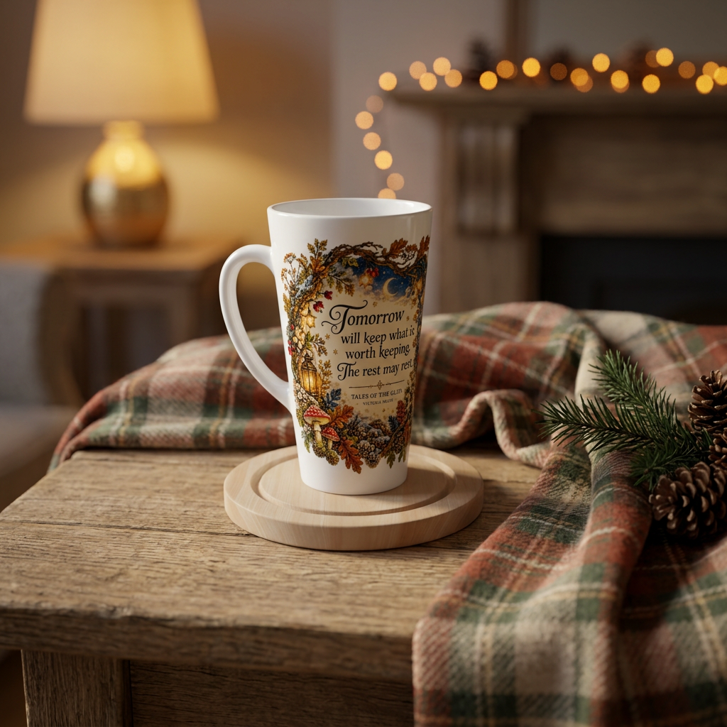 Tomorrow Will Keep mug on a wooden coaster in a cosy seasonal setting