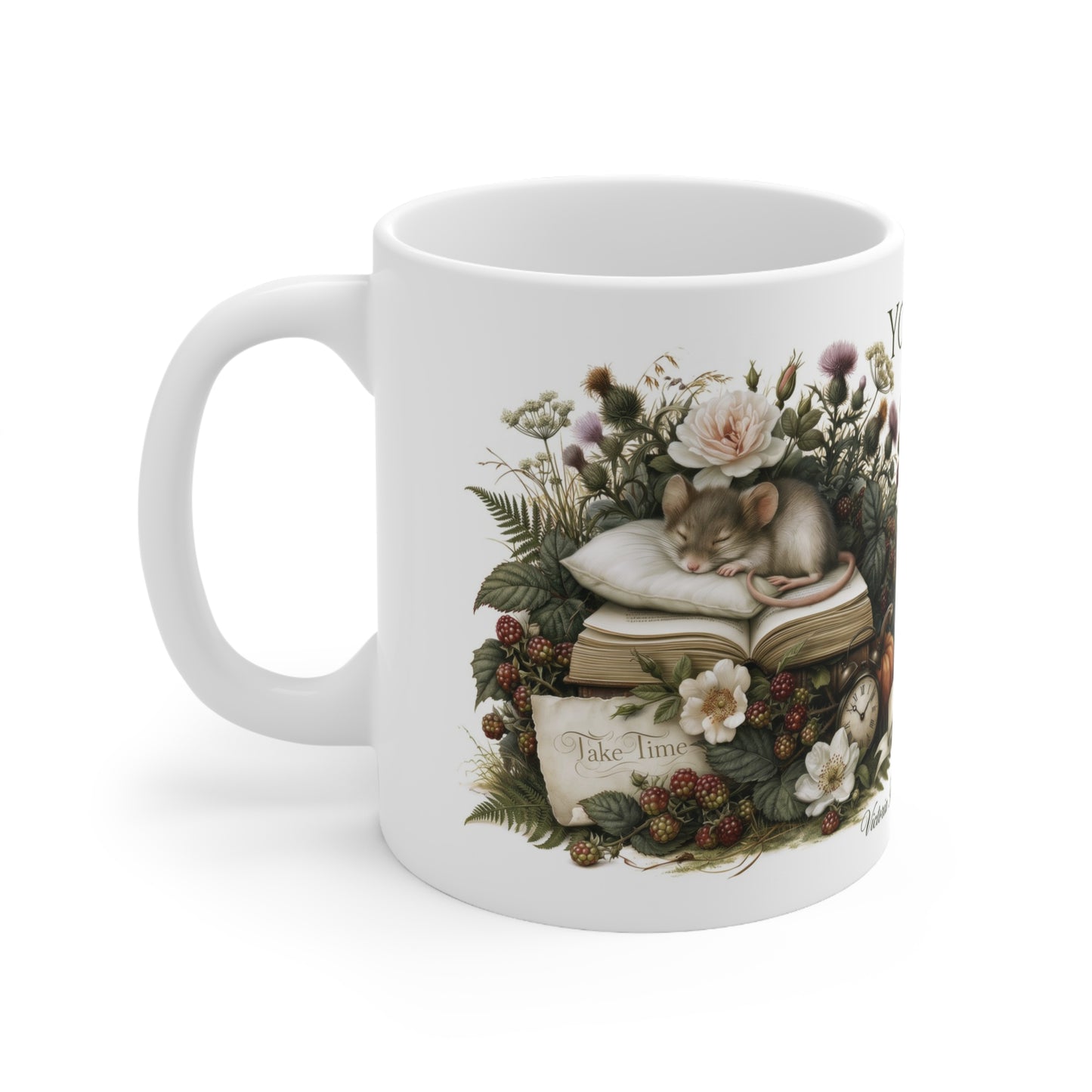 Personalised Sleeping Mouse Mug — Cosy Botanical Illustration | 11oz