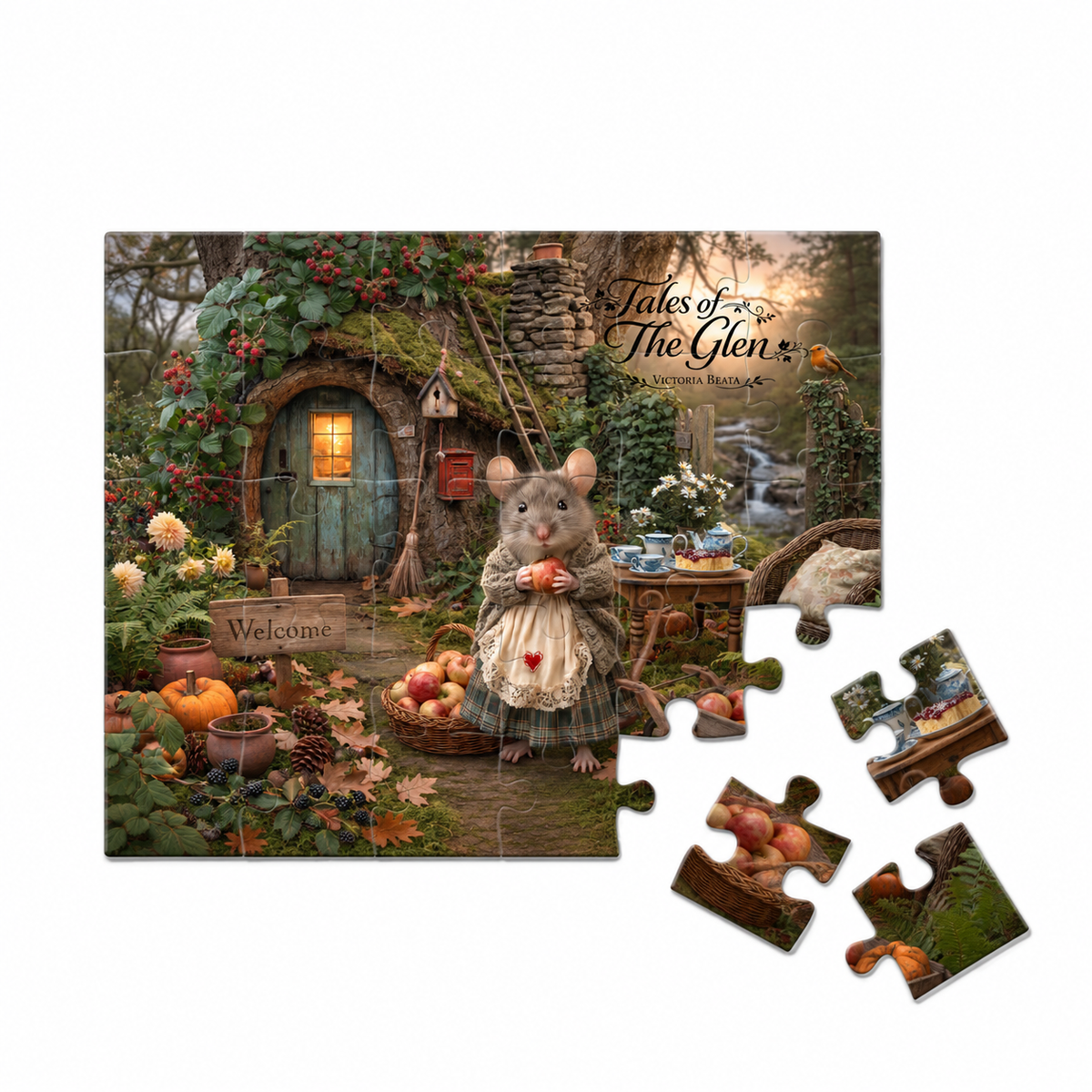 A completed jigsaw puzzle showing a whimsical woodland cottage scene with a mouse in a dress standing in front of the door, plus four loose puzzle pieces at the lower right. The puzzle artwork includes the visible title text 'Tales of The Glen' 