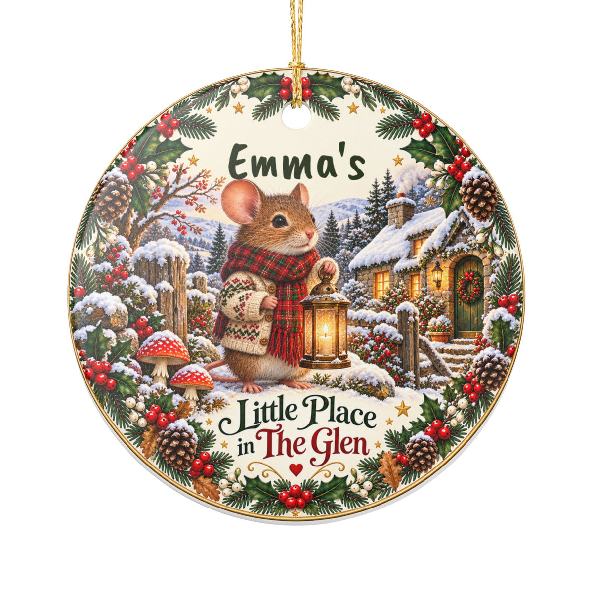 Personalized Ceramic Christmas Ornament — Cute Mouse Cottage with 'Emma's Little Place in The Glen'
