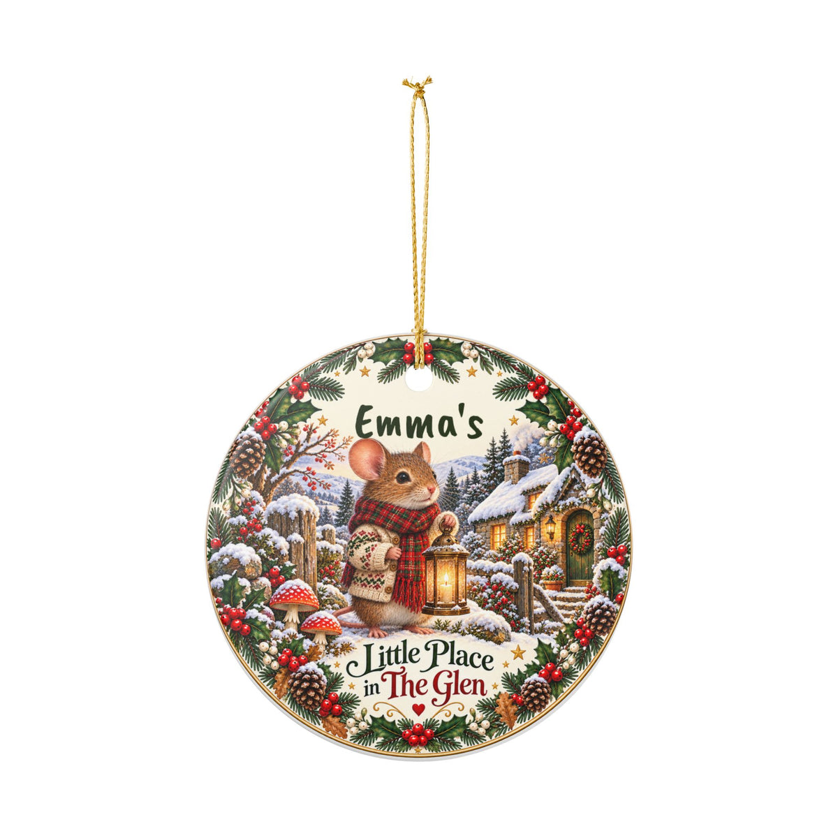 Personalized Ceramic Christmas Ornament — Cute Mouse Cottage with 'Emma's Little Place in The Glen'