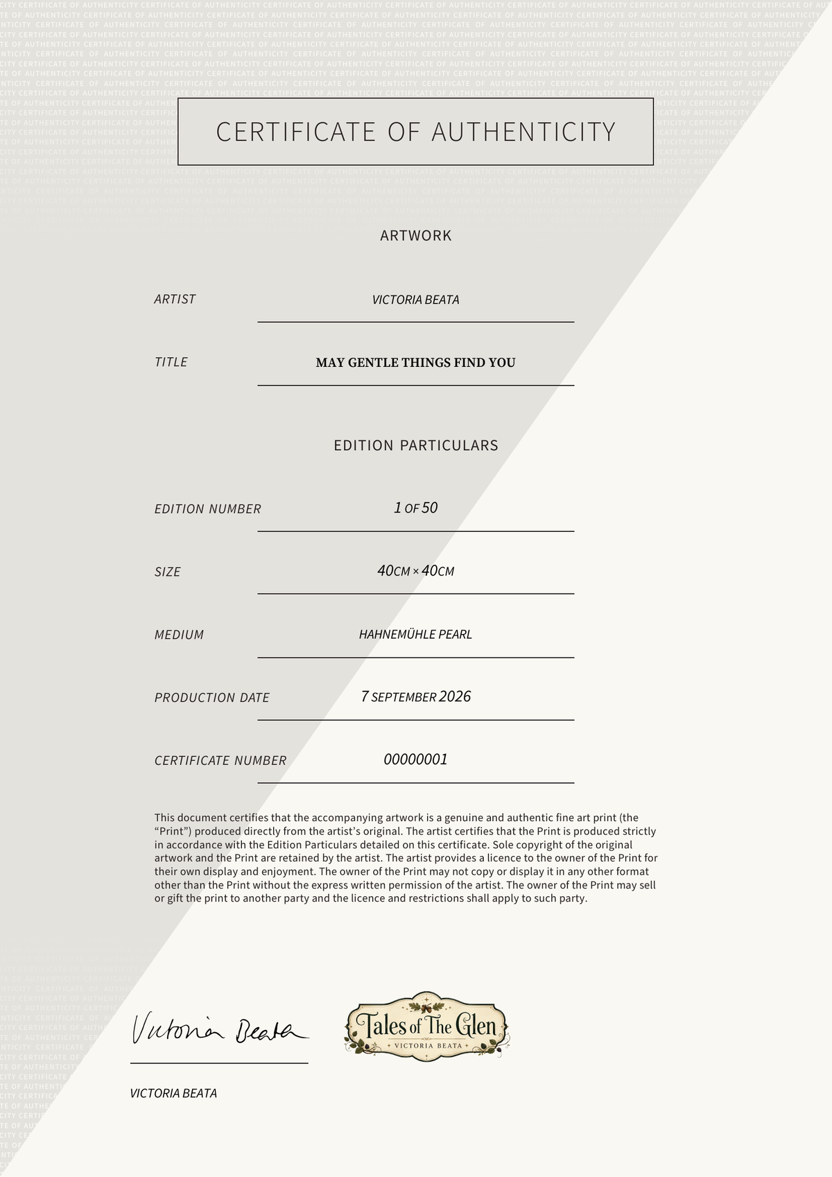 May Gentle Things Find You — Certificate of Authenticity