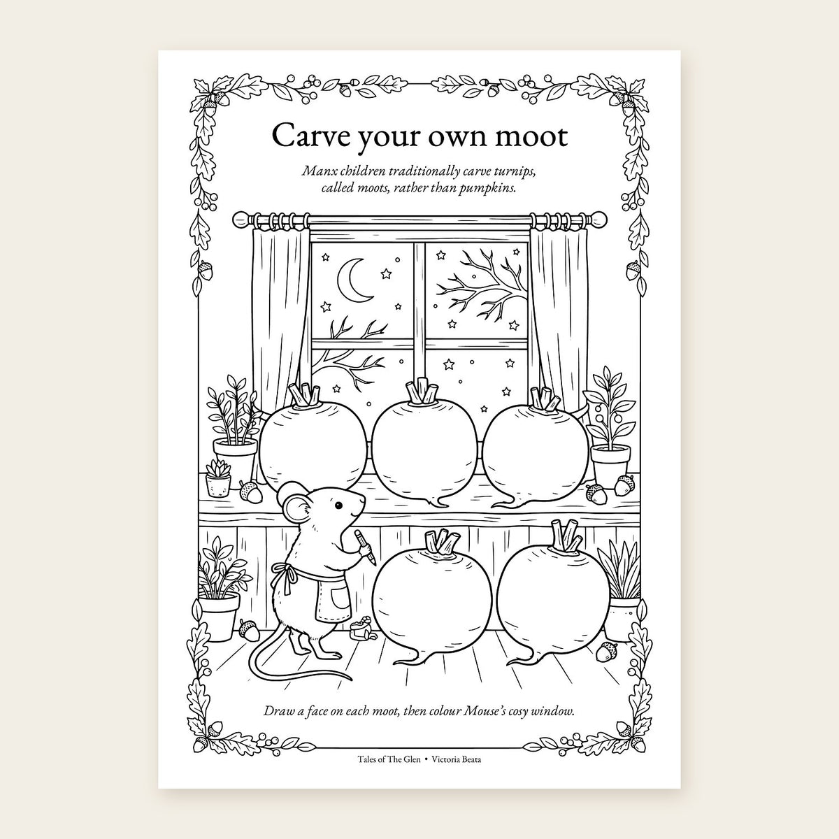 Carve Your Own Moot activity sheet showing Mouse with five blank turnips, a moonlit cottage window and an autumn leaf border to colour.