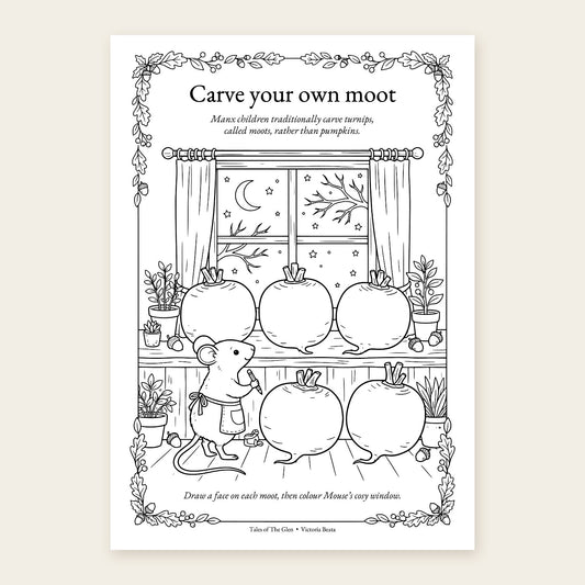 Carve Your Own Moot activity sheet showing Mouse with five blank turnips, a moonlit cottage window and an autumn leaf border to colour.