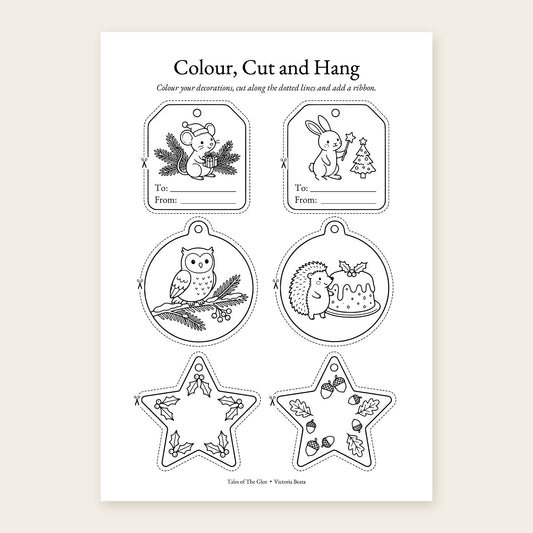 Colour, Cut and Hang printable activity sheet with two woodland gift tags, two round decorations and two stars to colour and cut out.
