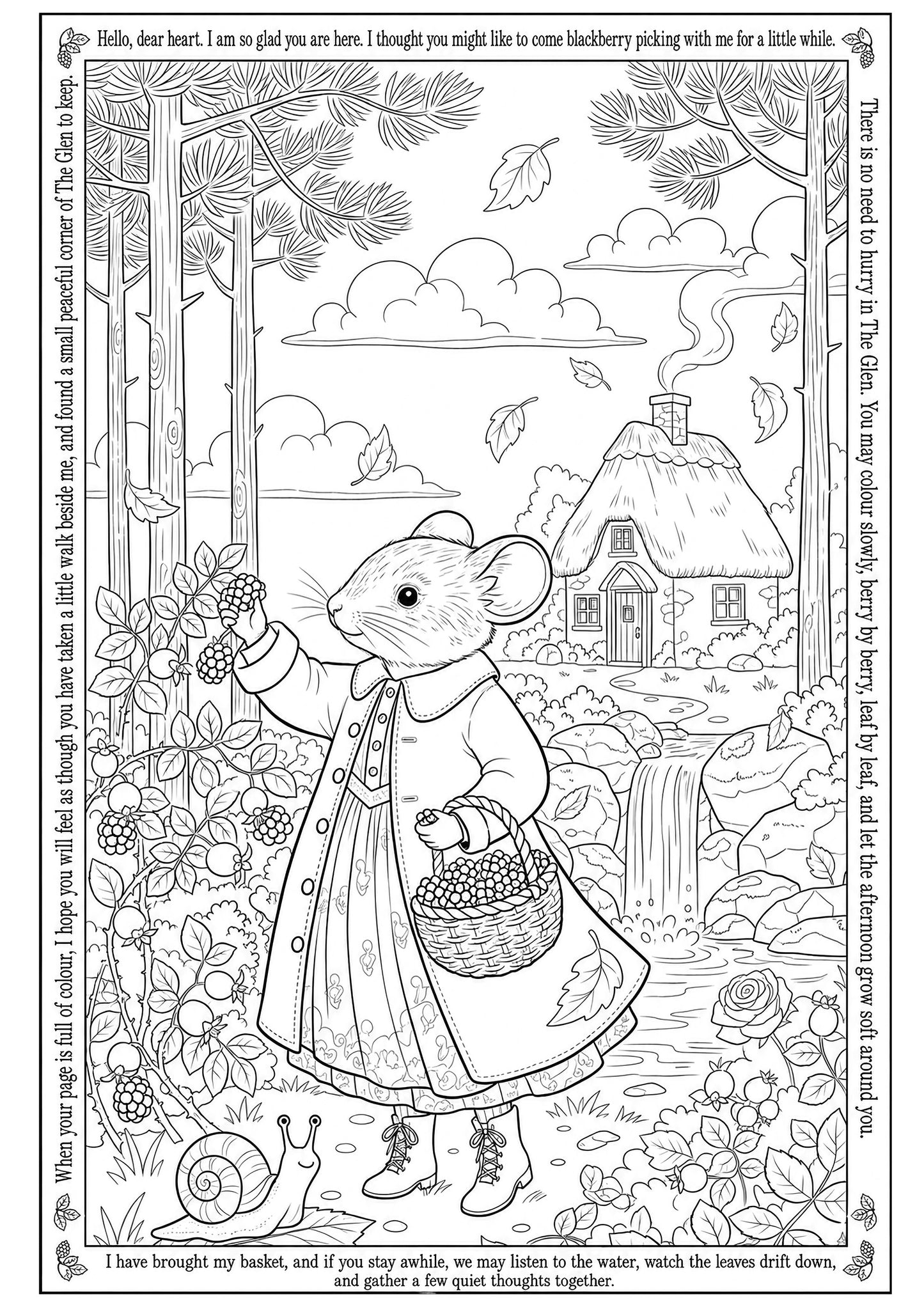Come Blackberry Picking with Mouse — Digital Download Colouring Sheet