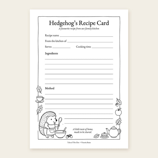 Hedgehog’s Recipe Card with lined spaces for ingredients and method, recipe details, and Hedgehog with a mixing bowl, teapot and cake to colour.