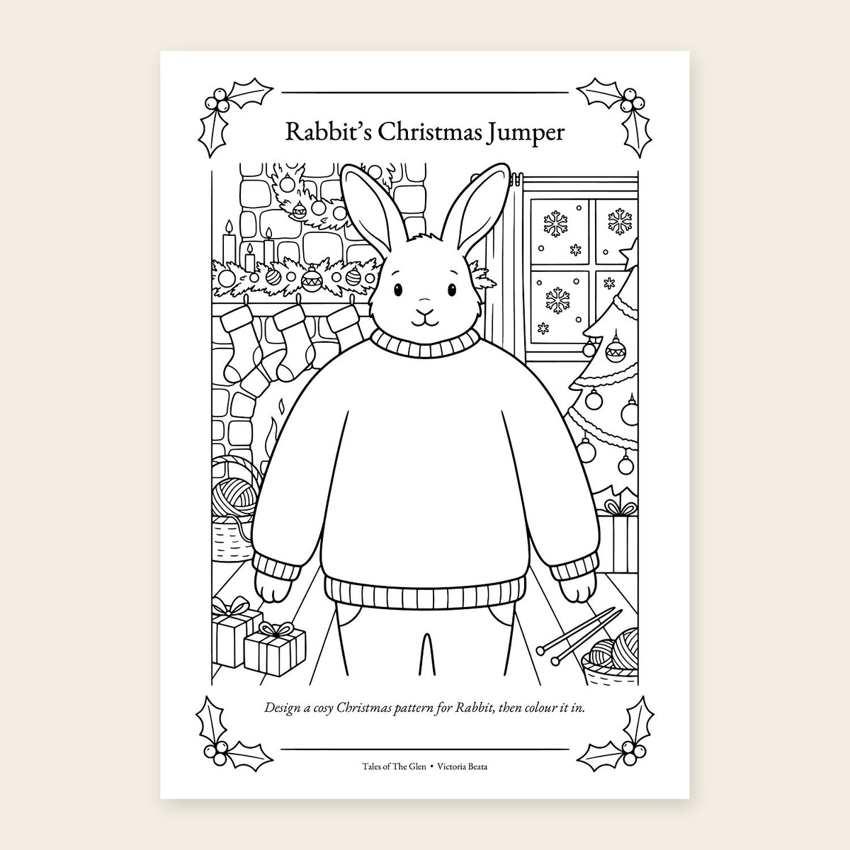 Rabbit wearing a blank jumper to design, surrounded by stockings, presents, a Christmas tree and wool baskets in a cosy cottage.