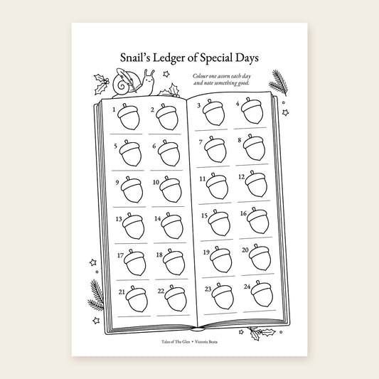Snail’s Ledger of Special Days activity sheet with 24 numbered acorns and writing lines in an open ledger, decorated with holly and stars.