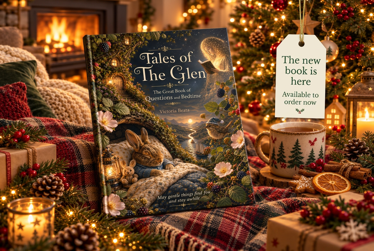 Book launch image with a hanging Christmas gift tag above the mug