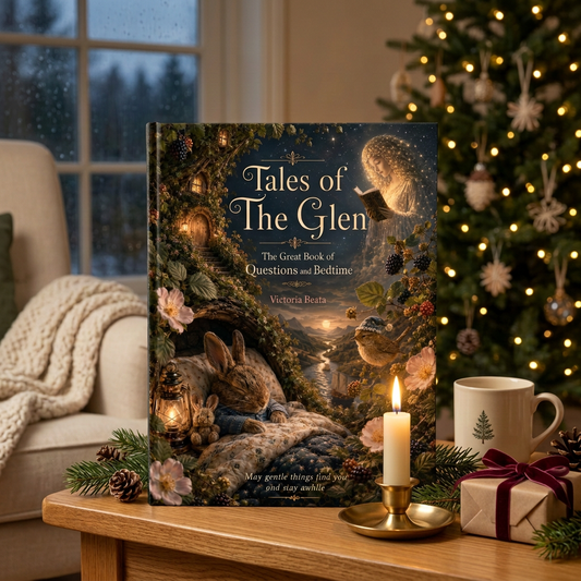 Christmas book image with a lit ivory candle
