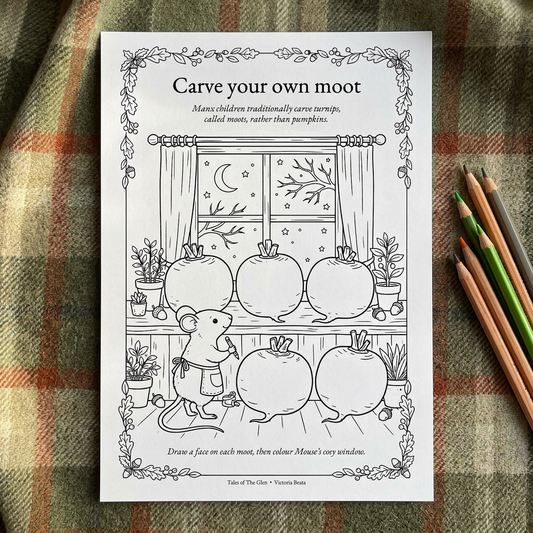 Colouring sheet on cosy autumn plaid cloth with coloured pencils