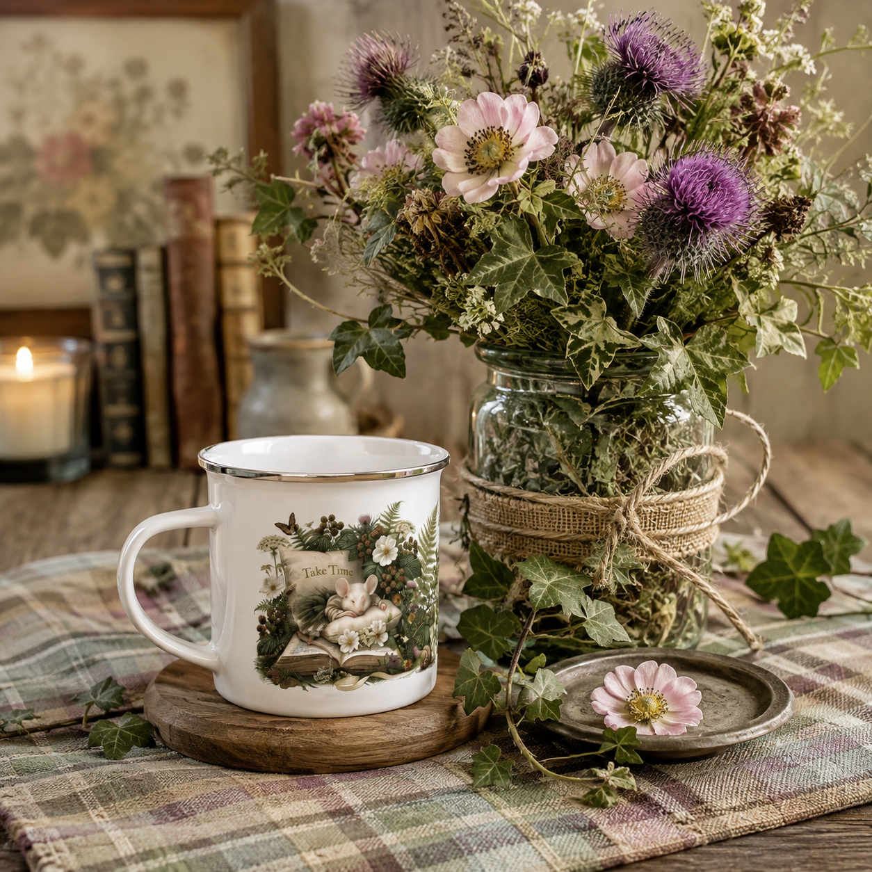 A white enamel mug with a botanical illustration sits on a wooden coaster beside a glass jar filled with dried flowers and greenery, arranged on a plaid tablecloth in a rustic indoor setting.