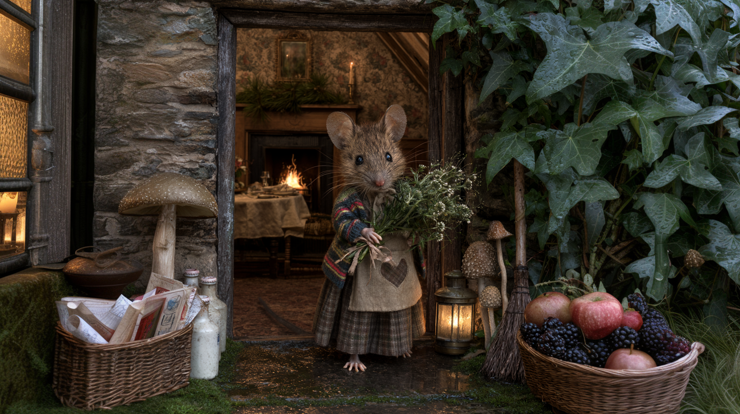 A whimsical scene of a small mouse dressed in a rustic medieval-style dress holding a bundle of herbs, standing in the doorway of a stone cottage. The setting is decorated with a basket of apples and blackberries, a wicker basket with papers, a lantern, mushrooms, and ivy, creating a cozy, fairy-tale atmosphere.