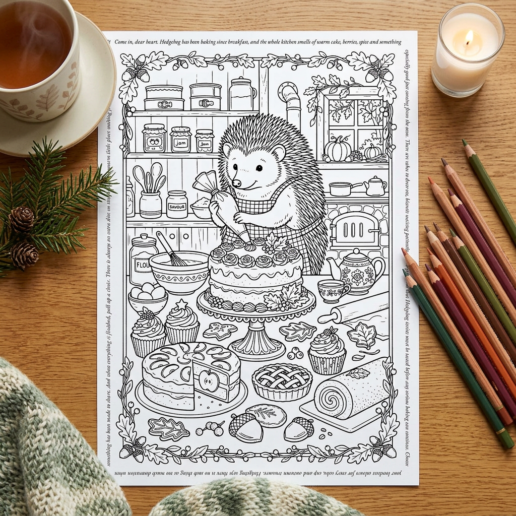Hedgehog baking colouring sheet lifestyle preview