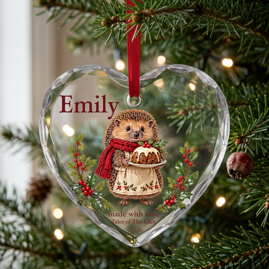 Hedgehog’s personalised glass heart decoration hanging on a Christmas tree with warm fairy lights