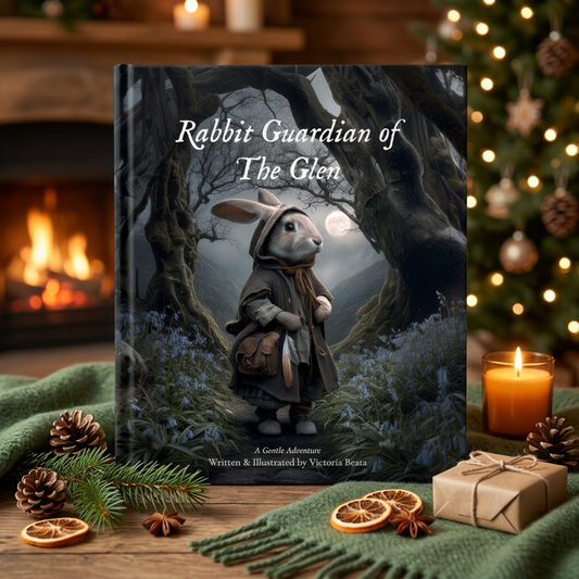 Rabbit Guardian of The Glen by Victoria Beata in a cosy Christmas fireside setting