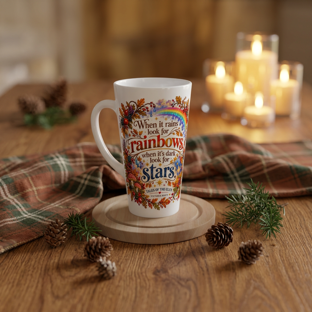 Latte mug with autumn tartan and subtle festive greenery