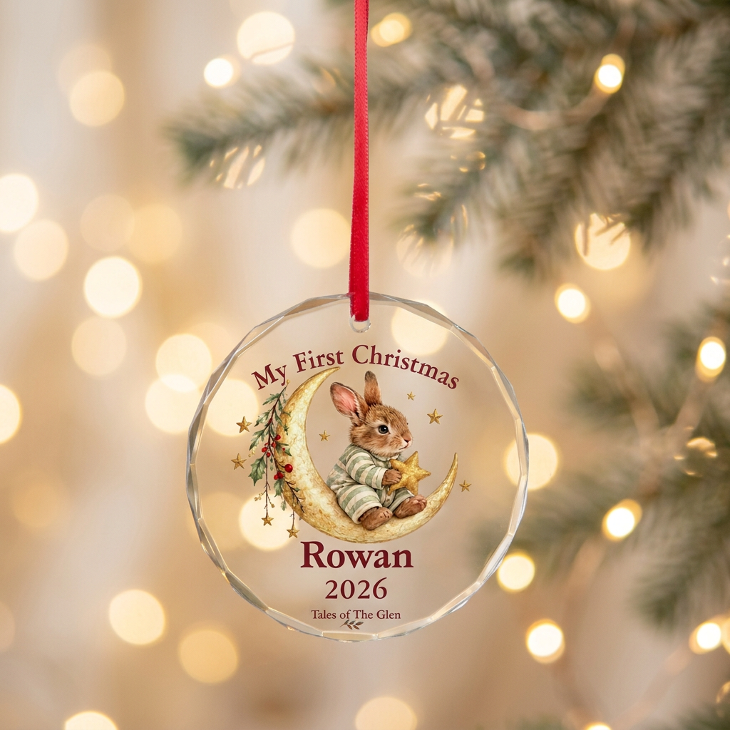 Little Rabbit’s Christmas moon decoration with a soft golden Christmas-tree background