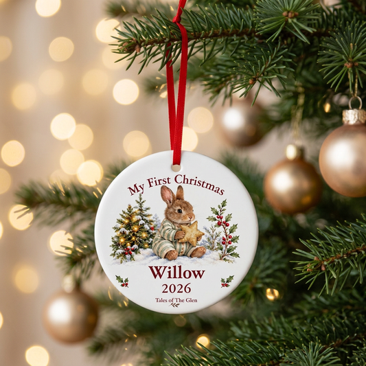 Little Rabbit’s personalised ceramic first Christmas decoration on a tree with a soft golden background