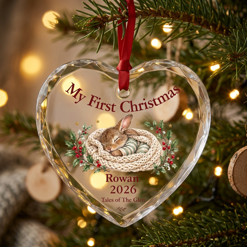 Little Rabbit’s personalised first Christmas glass heart hanging on a Christmas tree