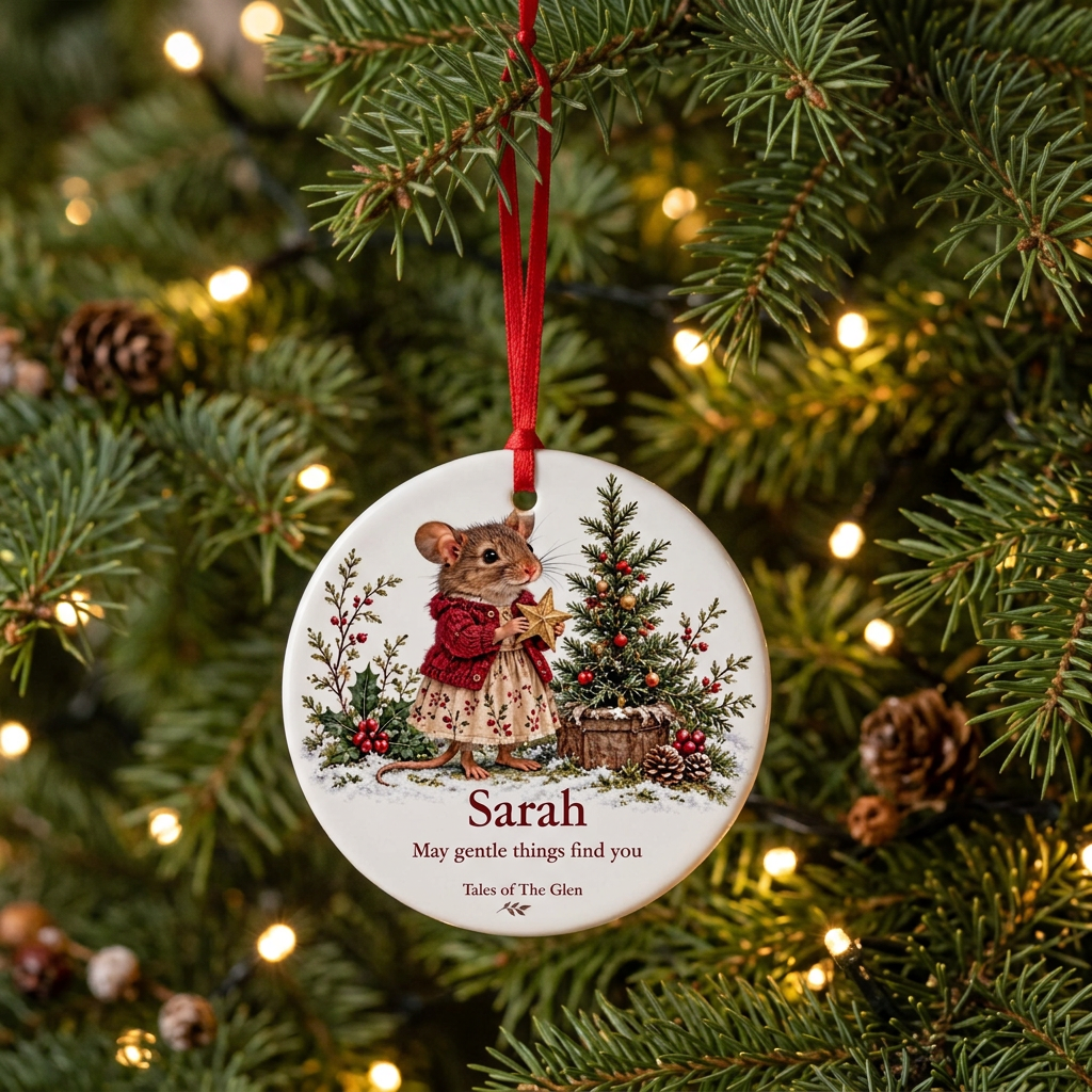 Mouse’s personalised ceramic decoration hanging on a Christmas tree