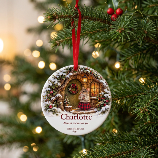 Mouse’s personalised Christmas cottage decoration hanging on a Christmas tree