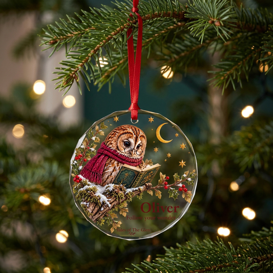 Owl’s personalised glass decoration hanging on a Christmas tree