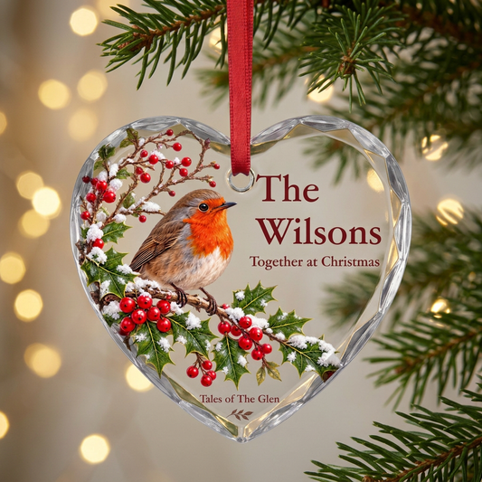 Personalised robin glass heart hanging on a Christmas tree