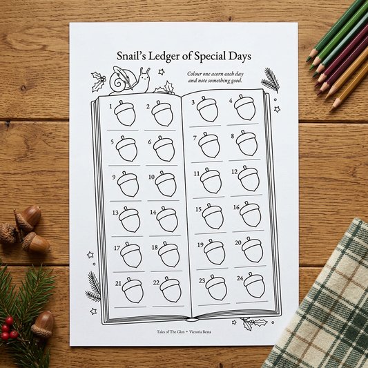 Snail’s Ledger of Special Days styled on a wooden table with coloured pencils, acorns and evergreen