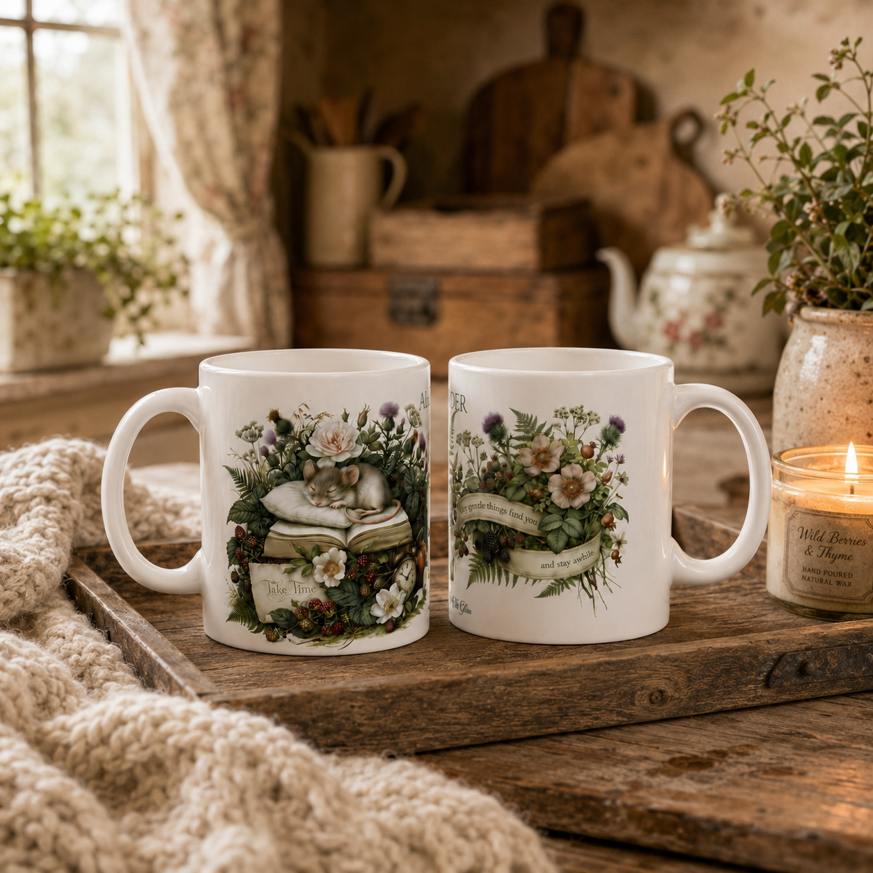 Personalised Sleeping Mouse Mug — Cosy Botanical Illustration | 11oz