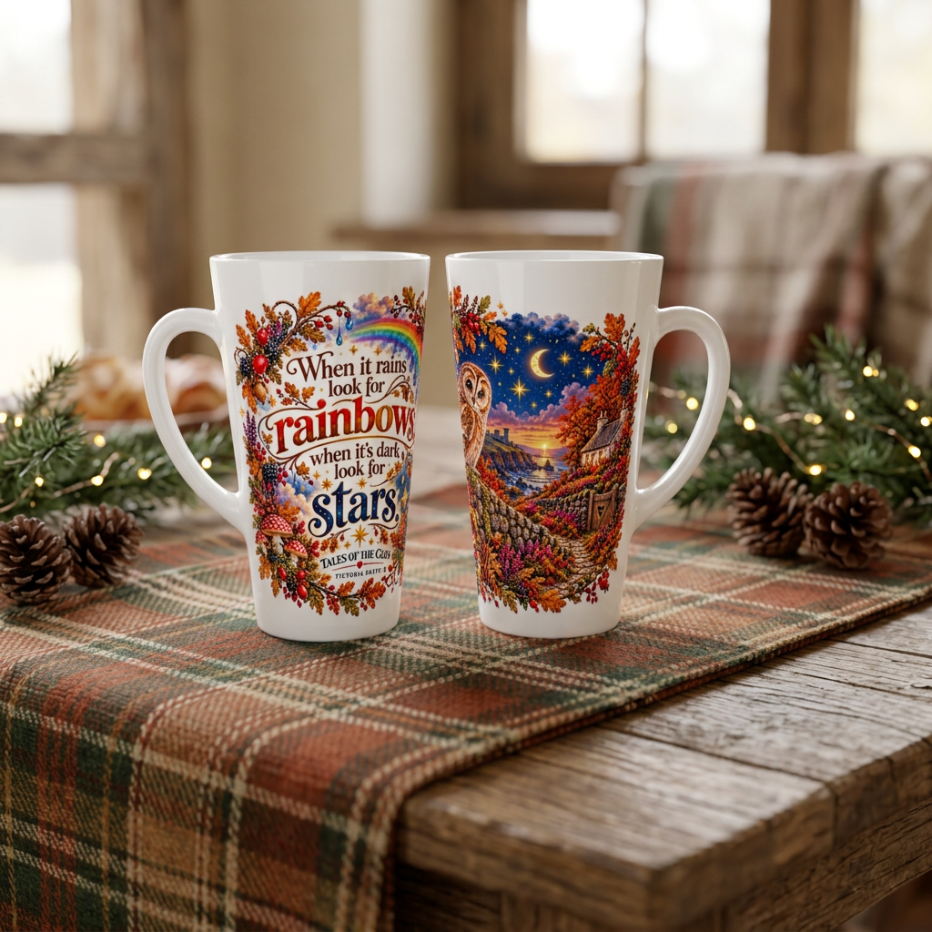Two latte mugs in a cosy seasonal plaid setting