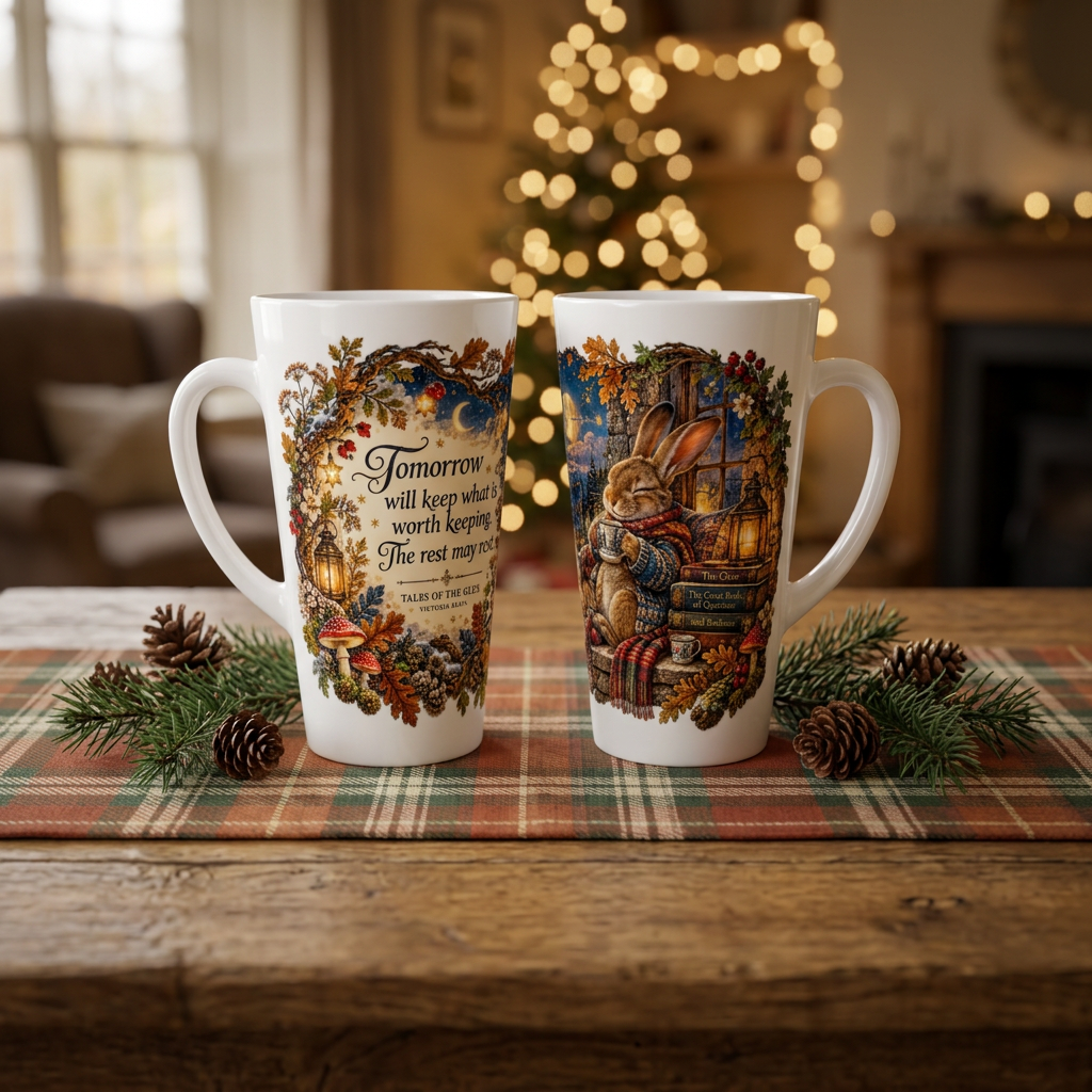 Two Tomorrow Will Keep mugs with autumn plaid and festive lights